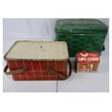 Red Plaid Lunch Box & Green Woven Cooler & Log Cabin Syrup Tin