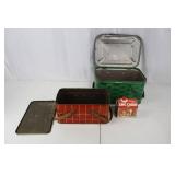 Red Plaid Lunch Box & Green Woven Cooler & Log Cabin Syrup Tin
