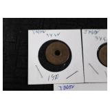 Japanese Coins - Two 5-Yen (hole-in-center), Two 1-Yen, and One 1-Sen on Display