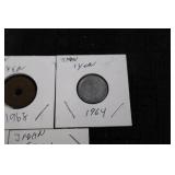 Japanese Coins - Two 5-Yen (hole-in-center), Two 1-Yen, and One 1-Sen on Display