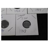 Japanese Coins - Two 5-Yen (hole-in-center), Two 1-Yen, and One 1-Sen on Display