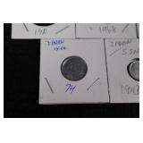 Japanese Coins - Two 5-Yen (hole-in-center), Two 1-Yen, and One 1-Sen on Display