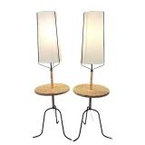 LL  - Pair of Floor Lamp Tables with Wicker Shelf and Tripod Base
