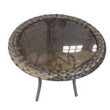 G - Hampton Bay Patio Chairs with Built-in Ottomans and Glass Top Table