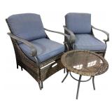 G - Hampton Bay Patio Chairs with Built-in Ottomans and Glass Top Table