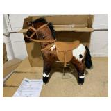 Qaba Kids Wooden Plush Ride-On Rocking Horse Chair Toy with Realistic Sounds Dark Brown/White (Missing Part: Handles)