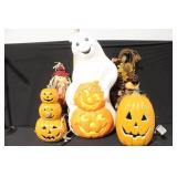 Large Halloween Lighted Blow Mold Decorations Including Ghost and Jack-O-Lanterns