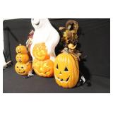 Large Halloween Lighted Blow Mold Decorations Including Ghost and Jack-O-Lanterns
