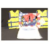 Lot of 3 Overlook Adult Universal Life Vests and Patriotic Welcome Sign