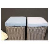 Pair of Wicker Patio Ottomans with Cushions and Decorative Pillow