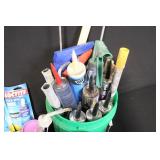 Bucket of Home Improvement Supplies with Caulk, Rollers, and Tools