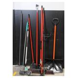Lot of Floor Cleaning Tools with Brooms, Snow Shovels, Squeegees, and Holders