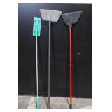 Lot of Floor Cleaning Tools with Brooms, Snow Shovels, Squeegees, and Holders