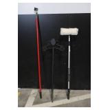Lot of Floor Cleaning Tools with Brooms, Snow Shovels, Squeegees, and Holders