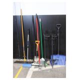 Collection of Yard and Snow Tools with Shovels, Brooms, Rake, and Snow Pusher