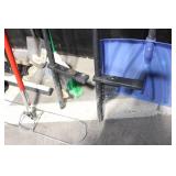 Collection of Yard and Snow Tools with Shovels, Brooms, Rake, and Snow Pusher