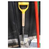 Collection of Yard and Snow Tools with Shovels, Brooms, Rake, and Snow Pusher
