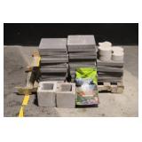 Pallet Lot of Concrete Pavers, Cinder Blocks, and Deer Mineral Bag