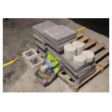 Pallet Lot of Concrete Pavers, Cinder Blocks, and Deer Mineral Bag