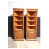 Pair of Wooden Corner Bookcases with Cabinet Doors