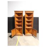 Pair of Wooden Corner Bookcases with Cabinet Doors