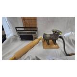 Vintage Meat Grinder, Wood Rolling Pin, GE Transformer Radio