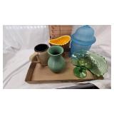 Various Stoneware and Frosted Blue Jar