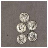 Lot of 5 XF Mercury Silver Dimes, 10c