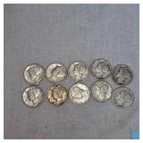 Lot of 10 Mercury Silver Dimes, 10c