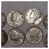 Lot of 10 Mercury Silver Dimes, 10c