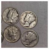 Lot of 10 Mercury Silver Dimes, 10c