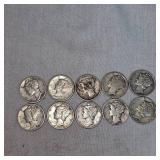 Lot of 10 Mercury Silver Dimes, 10c