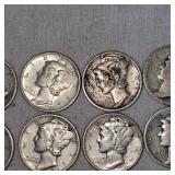 Lot of 10 Mercury Silver Dimes, 10c