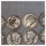 Lot of 10 Mercury Silver Dimes, 10c