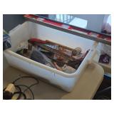 Lot of (1 Bin) Hand Tools - Bar Level, Mallet, Metal File, Wiss Scissors, Adjustable Wrench, Misc. Hardware