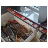 Lot of (1 Bin) Hand Tools - Bar Level, Mallet, Metal File, Wiss Scissors, Adjustable Wrench, Misc. Hardware