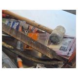 Lot of (1 Bin) Hand Tools - Bar Level, Mallet, Metal File, Wiss Scissors, Adjustable Wrench, Misc. Hardware