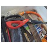 Lot of (1 Bin) Hand Tools - Bar Level, Mallet, Metal File, Wiss Scissors, Adjustable Wrench, Misc. Hardware