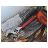 Lot of (1 Bin) Hand Tools - Bar Level, Mallet, Metal File, Wiss Scissors, Adjustable Wrench, Misc. Hardware