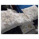 Lot of (3) 15" Silver & Gold Beaded Snowflake pattern Cotton Throw Pillows