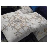 Lot of (2) 15" Silver & Gold Beaded Snowflake pattern Cotton Throw Pillows