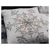 Lot of (2) 15" Silver & Gold Beaded Snowflake pattern Cotton Throw Pillows