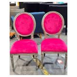 Lot of (2) Wood Frame Oval Back Accent Chairs by Linon Manchester (fuscia/distressed wood)
