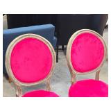 Lot of (2) Wood Frame Oval Back Accent Chairs by Linon Manchester (fuscia/distressed wood)