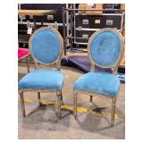 Lot of (2) Wood Frame Oval Back Accent Chairs by Linon Manchester (bright blue/distressed wood)