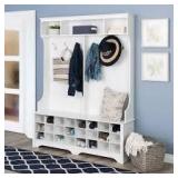 Prepac 77 in. H x 60 in. W White Engineered Wood Shoe Storage Cabinet with 24-Shoe Cubbies and 6-Double Coat Hooks  Customer  Returns See Pictures