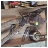 Lot of 3 Pocket Knives/Oil Can/Bench Vise and a pair of Spears