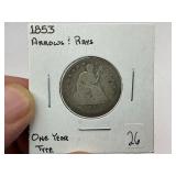 1853 Arrows & Rays Seated Silver Quarter