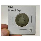 1853 Arrows & Rays Seated Silver Quarter