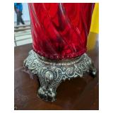 Tall Vintage Ruby Red Glass Table Lamp Ornate Metal Base Pleated Shade